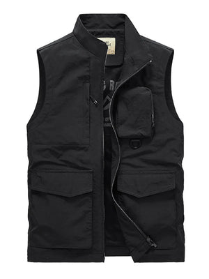 Men's black multi-pocket vest with zip closure and stand collar.