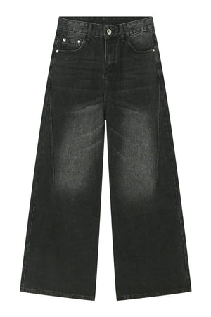 Oversized black wash denim jeans with wide legs and a casual chic style.