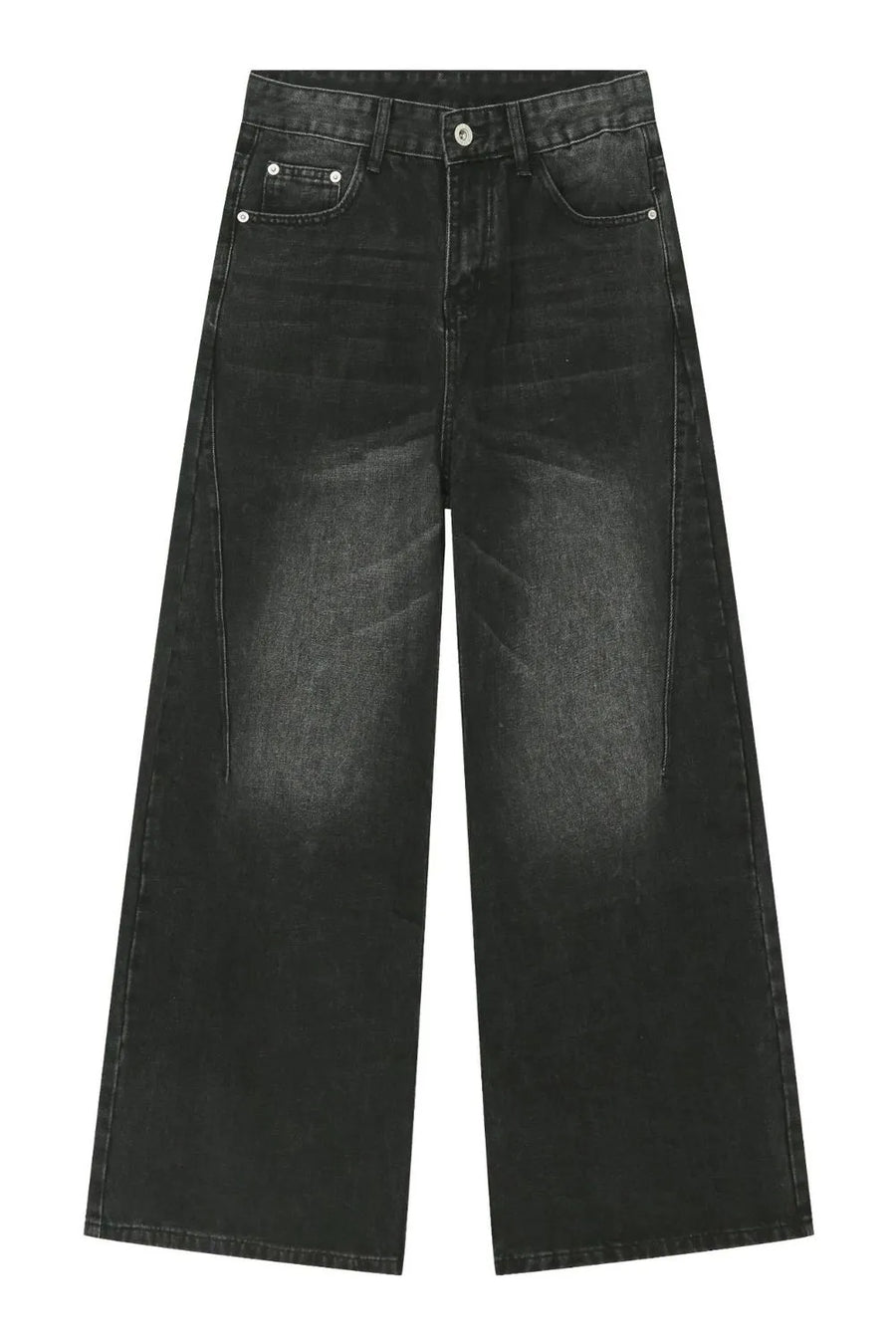 Oversized black wash denim jeans with wide legs and a casual chic style.