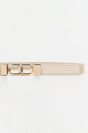 Cream elastic belt with linked gold rectangle buckle and faux leather detail.
