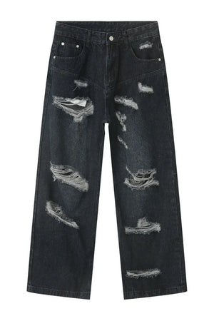 Dark baggy denim jeans with statement rips and a comfortable cotton feel.