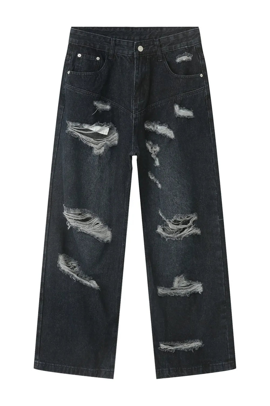 Dark baggy denim jeans with statement rips and a comfortable cotton feel.