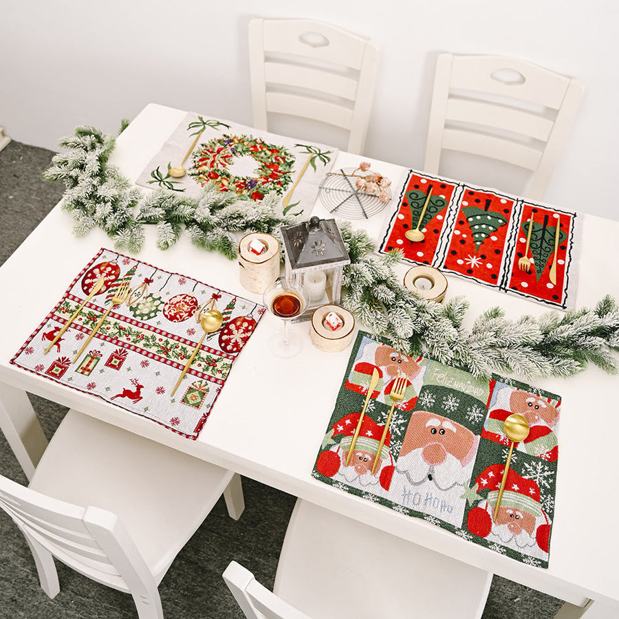 Embroidered Christmas placemats: Santa, Wreath, Tree, Reindeer designs with festive scenes.