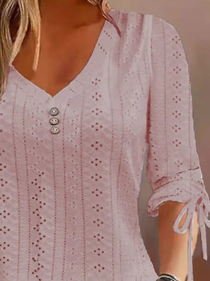 Full Size V-neck Eyelet Drawstring Sleeve Top in Black