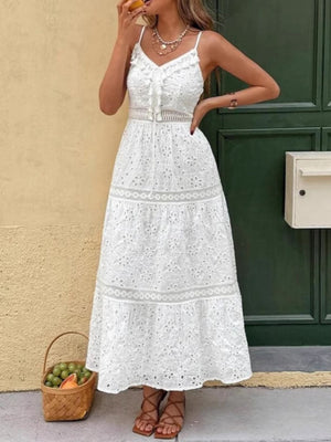 White eyelet embroidered cami maxi dress with lace trim and tiered skirt.