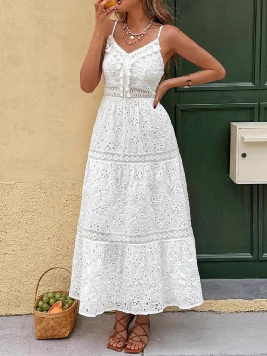 White eyelet embroidered cami maxi dress with lace trim and tiered skirt.