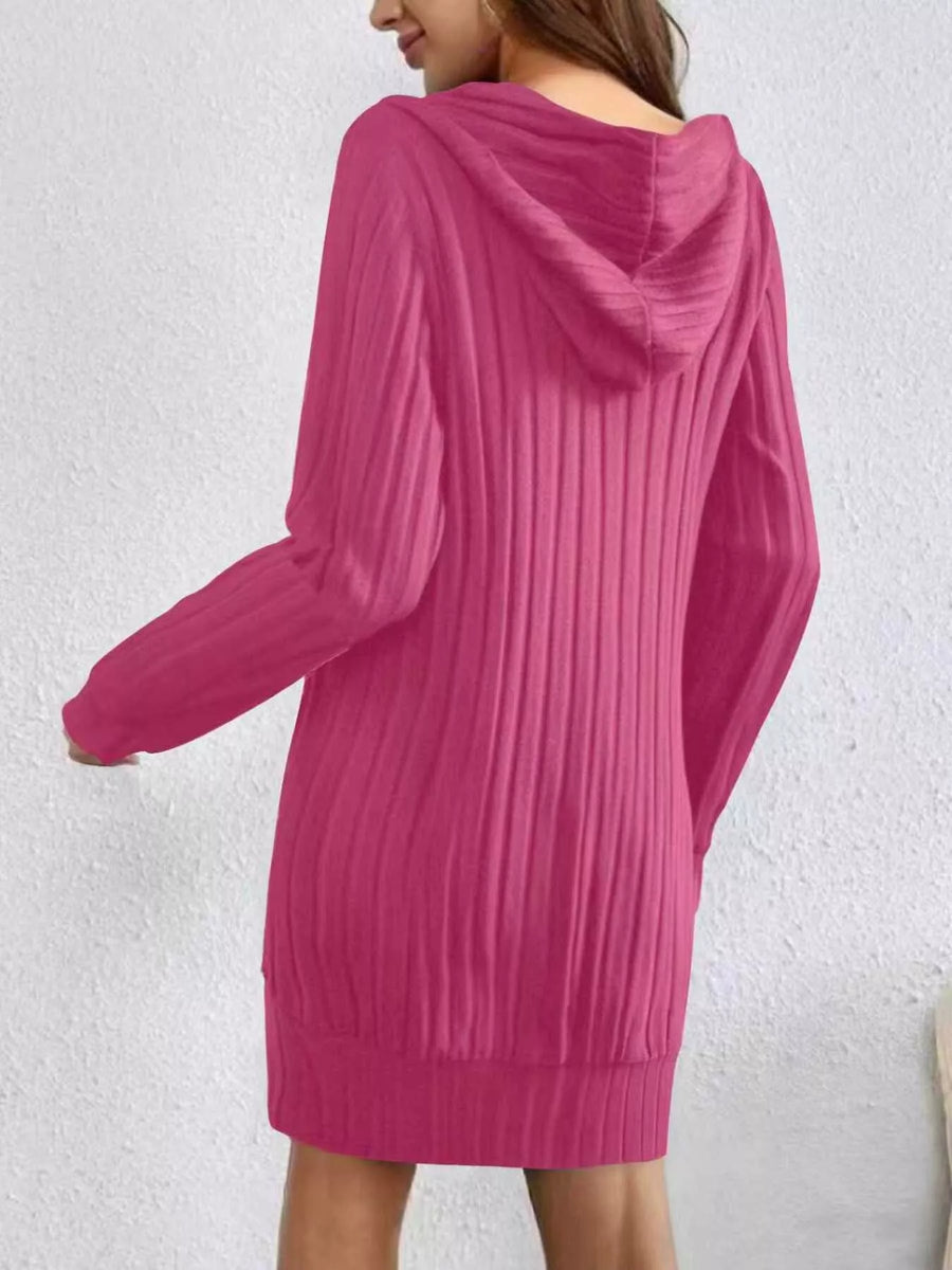 Women's Fuchsia Pink Ribbed Knit Hoodie Dress with long sleeves and a hood.