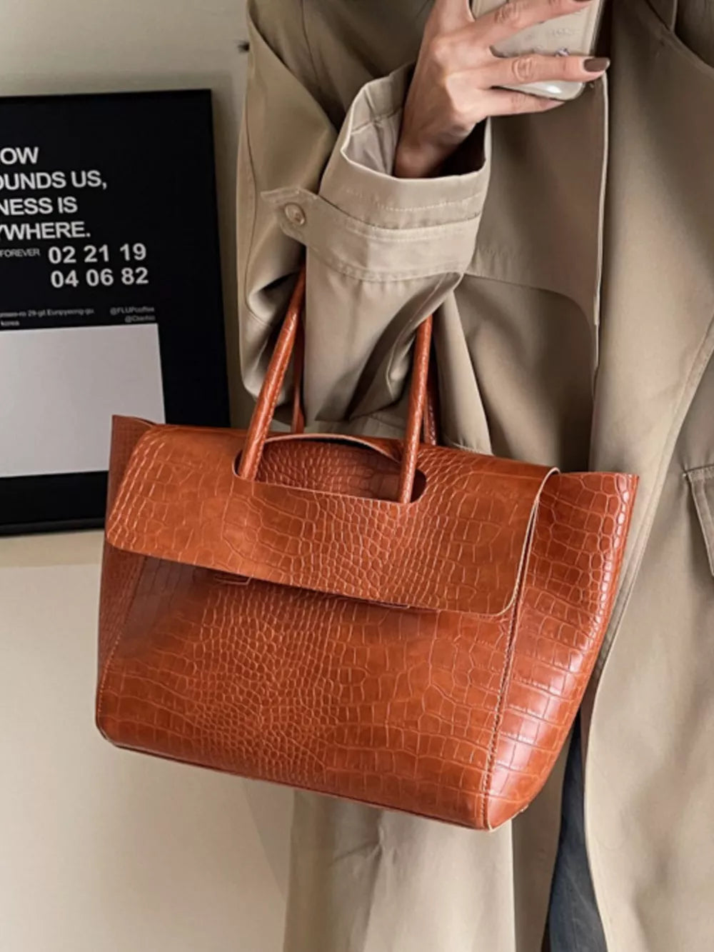 Brown Crocodile-embossed Shoulder Bag
