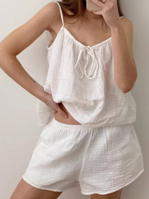 White cotton cami pajama set with tie front and matching shorts