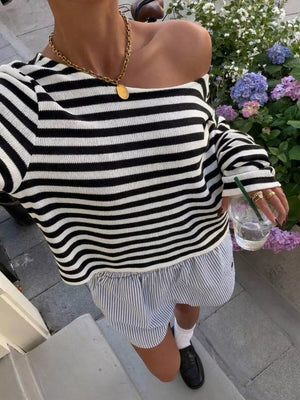 black t-shirt with striped and boat neck