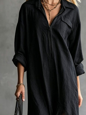 Zipper-Front Fringe Hem Midi Dress in White with pocketed