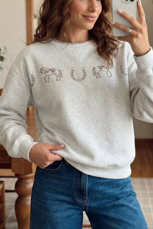 heather gray sweatshirt with graphic and crew neck