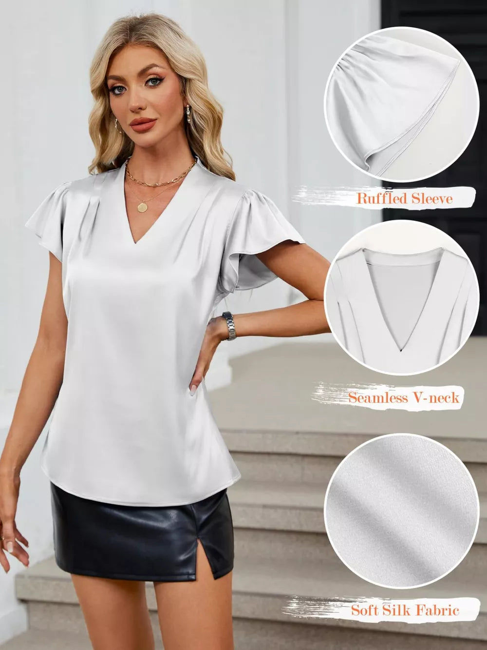 Satin V-neck blouse with ruffled flutter sleeves in white, featuring a soft, seamless neckline.