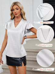 Satin V-neck blouse with ruffled flutter sleeves in white, featuring a soft, seamless neckline.