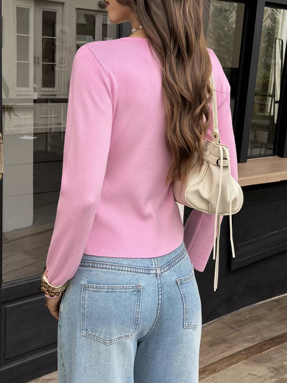 pink cardigan with stretch and long sleeve