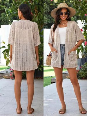 Khaki with Openwork Open Front Cardigan in Khaki