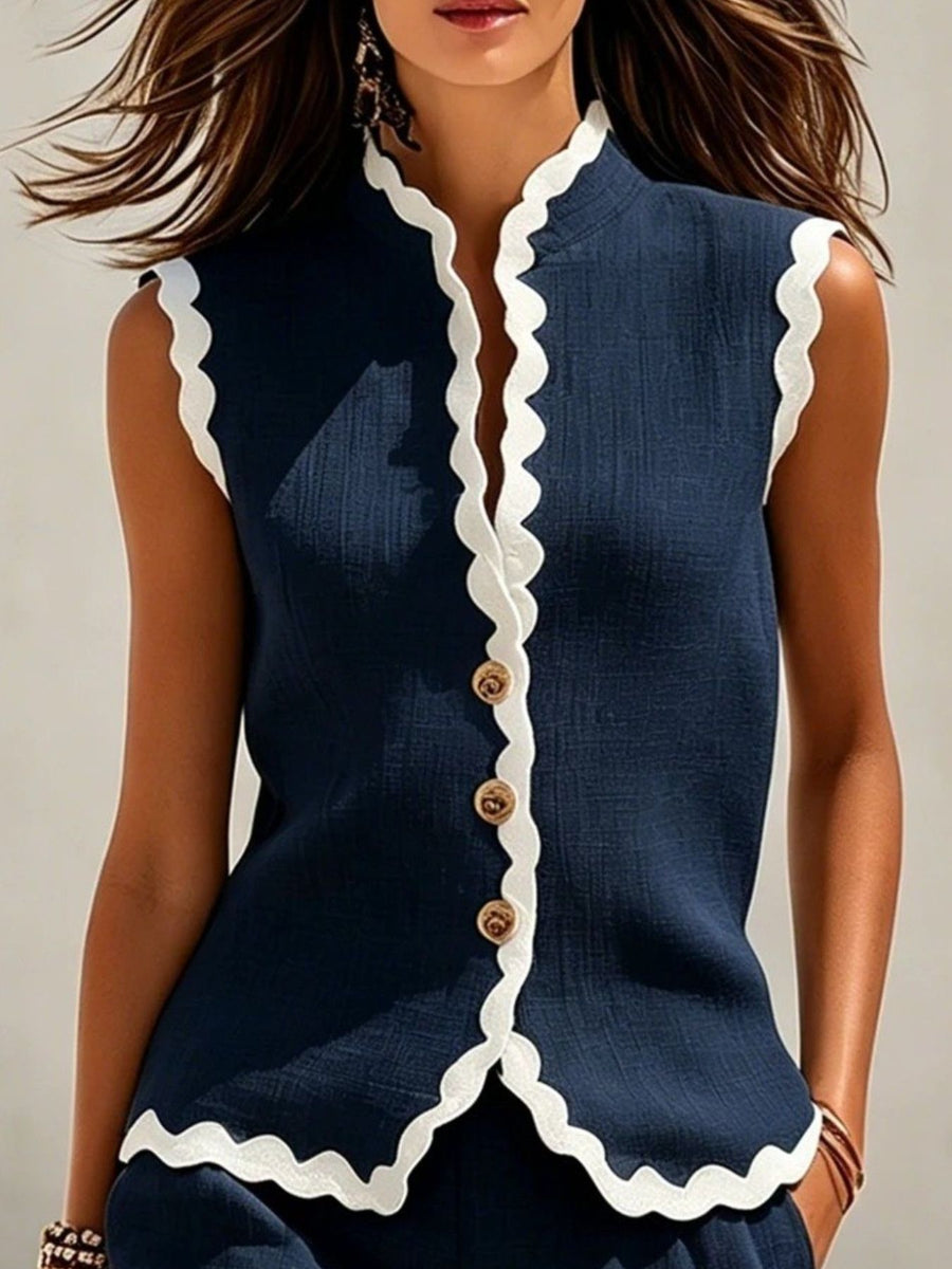 Contrast Scalloped Trim Sleeveless Top And Shorts Set in White