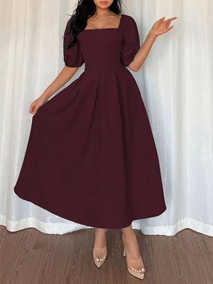 Burgundy midi dress with square neck, flutter sleeves, and pleated skirt.