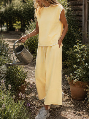 100% polyester Care instructions: Machine wash cold lounge set in Light Yellow with relaxed silhouette