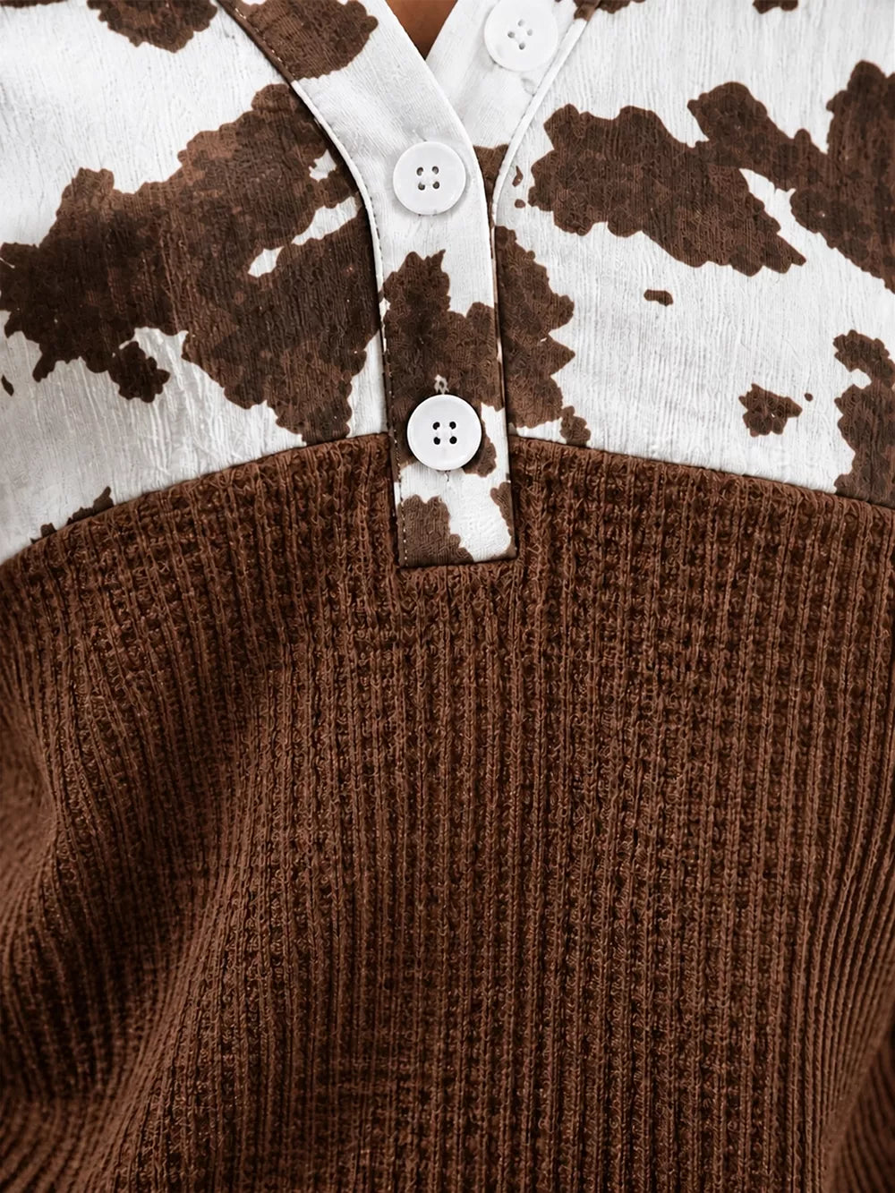 Cow Print Color Block Waffle Knit Blouse in Black with waffle-knit