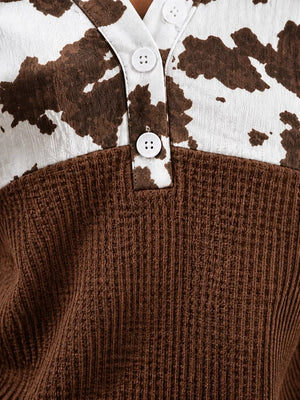 Cow Print Color Block Waffle Knit Blouse in Black with waffle-knit