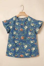 Denim floral ruffled short sleeve blouse with crew neck and back keyhole.