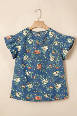 Denim floral ruffled short sleeve blouse with crew neck and back keyhole.
