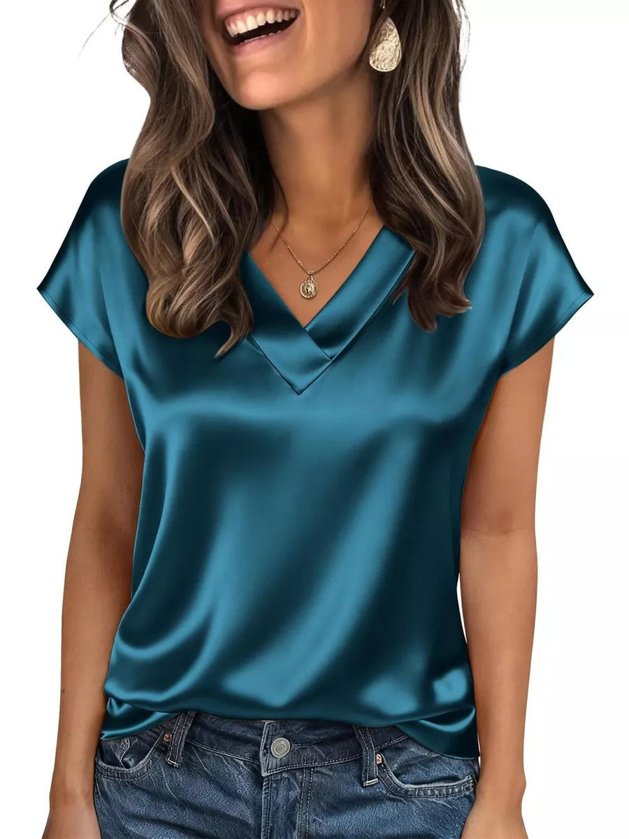 Blue satin V-neck blouse with short sleeves and a lustrous finish.