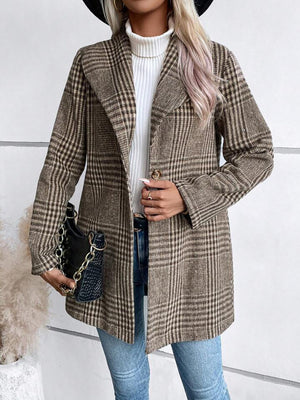 Coffee brown plaid tailored overcoat with single button closure and notched lapel.