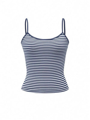 Blue and white striped fitted cami top with thin straps.