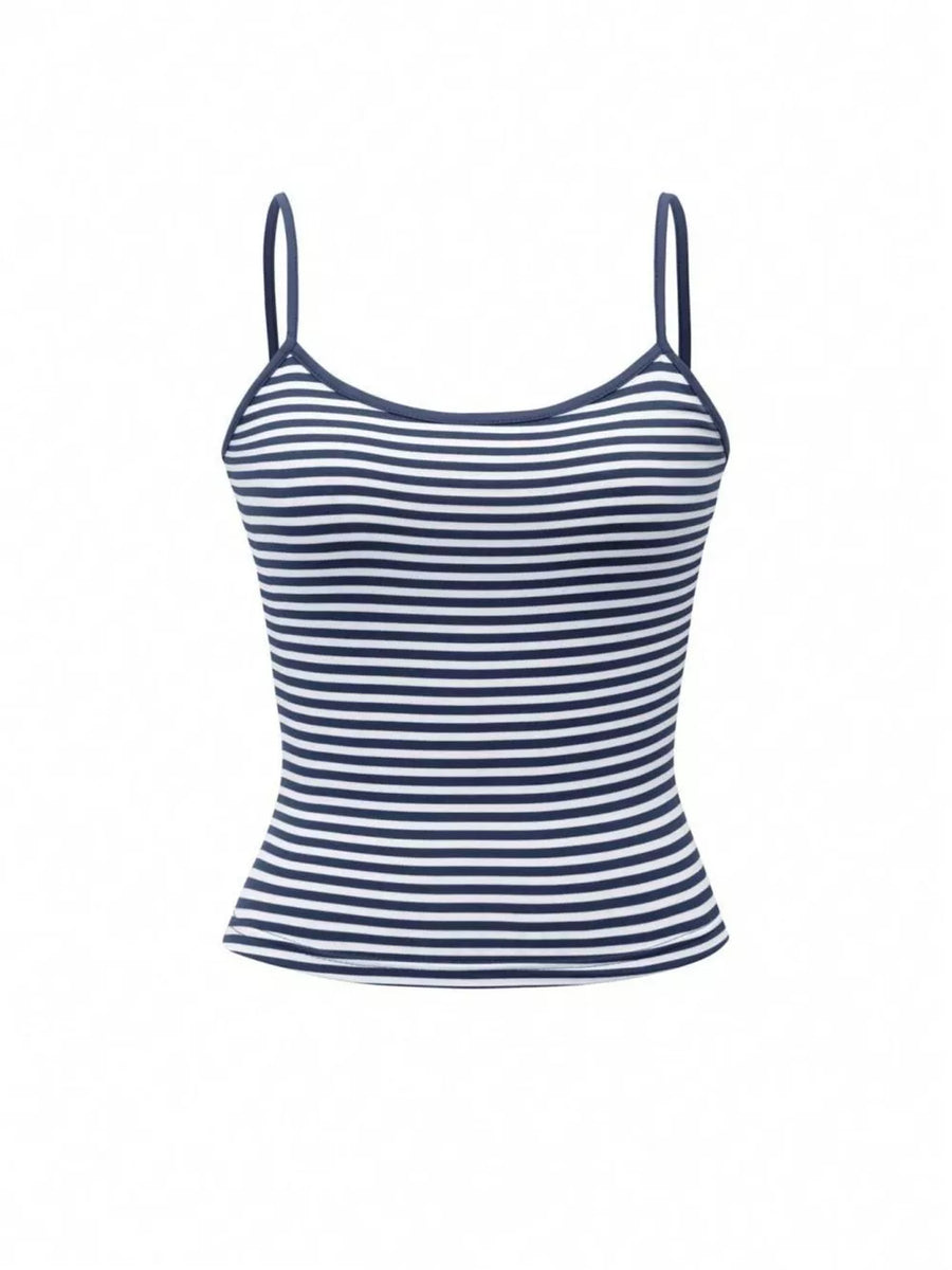 Blue and white striped fitted cami top with thin straps.