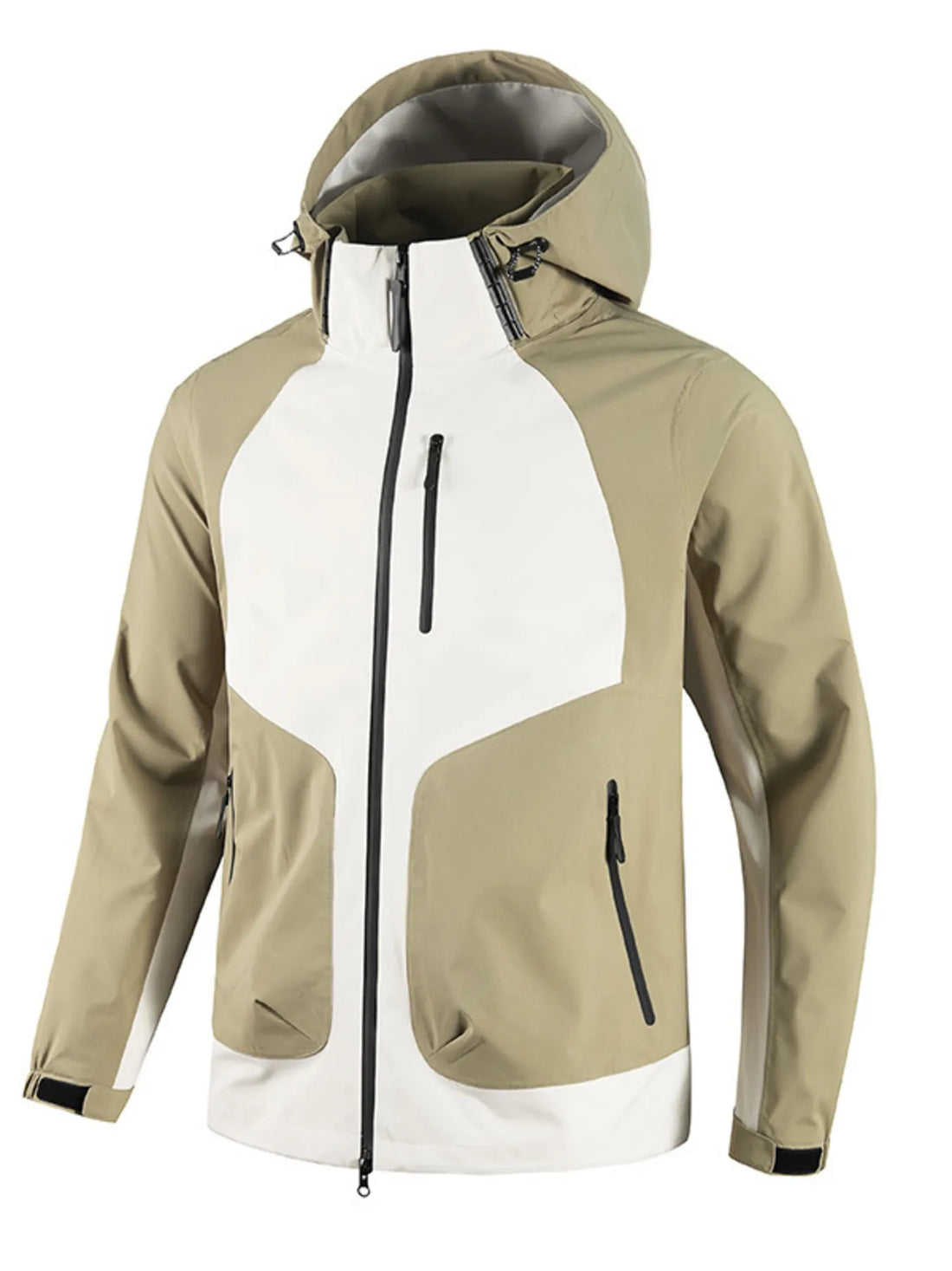 Khaki and ivory waterproof hooded outdoor jacket with adjustable hood and zippered pockets.