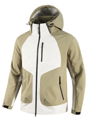 Khaki and ivory waterproof hooded outdoor jacket with adjustable hood and zippered pockets.