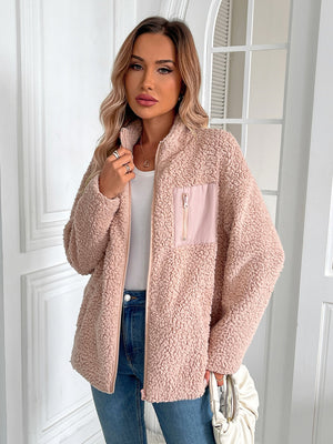 Teddy fleece jacket in watermelon pink with zip front and patch pocket detail.
