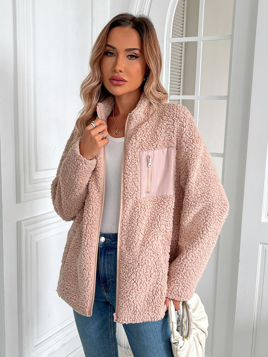 Teddy fleece jacket in watermelon pink with zip front and patch pocket detail.