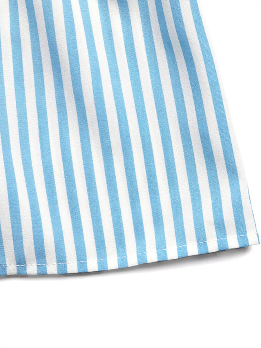 Blue and white striped midi dress with lace trim detail