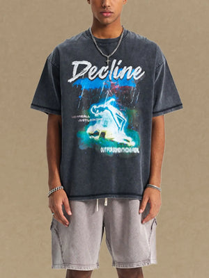 Black acid-washed crew neck t-shirt with graphic print and text.