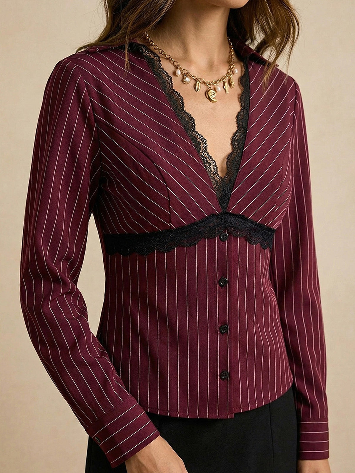 burgundy blouse with striped and v-neck