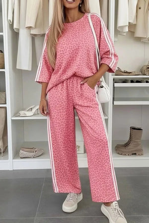 pink two-piece set with leopard-print, striped and round neck