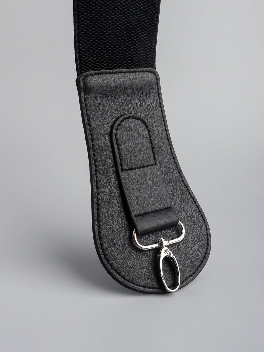 Black leather waist cincher belt with silver hardware detail and elastic strap