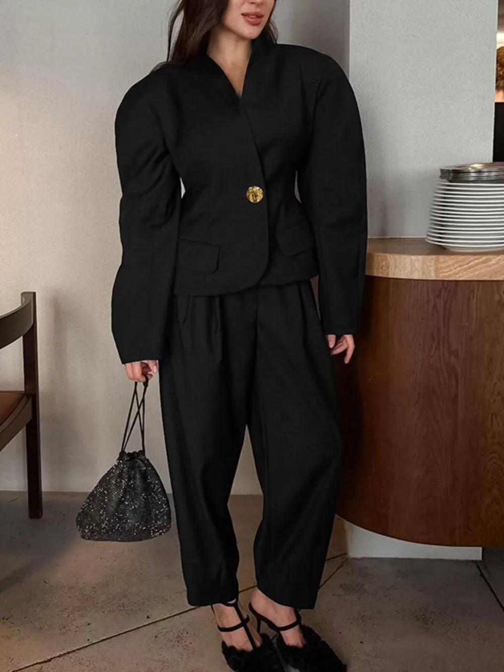 Black Puffy Sleeve Blazer And Wide-leg Pants Set