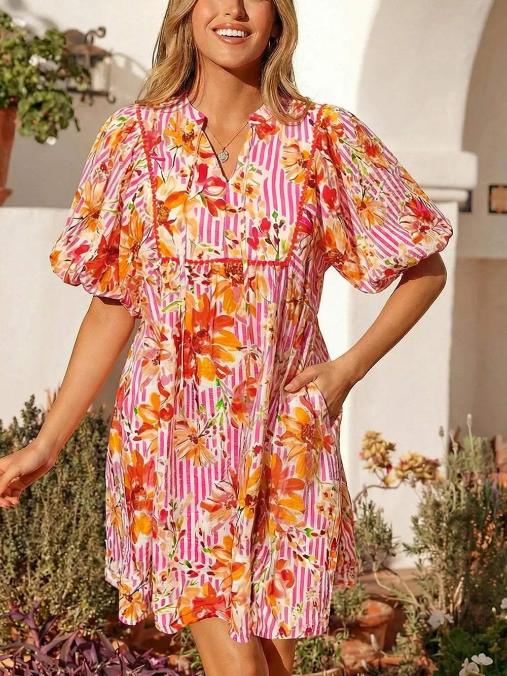 Floral print mini dress with pockets, V-neck, short puff sleeves, cotton, pink stripe and floral pattern