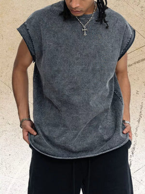 Distressed dark gray cotton blend relaxed fit men's tank top with raw hem sleeves.