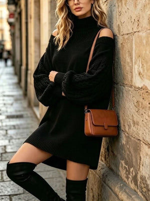 modern sweater dress in sage green with turtleneck