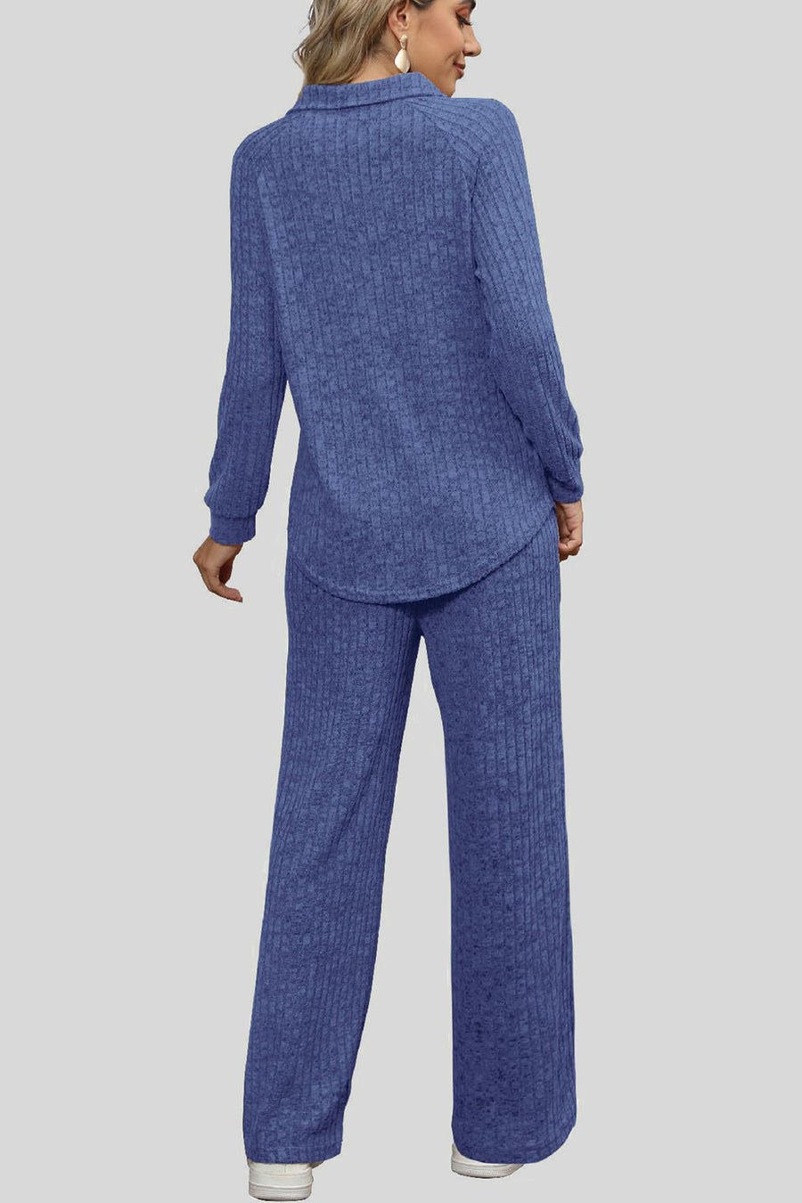 Dusty Blue ribbed knit lounge set with collar and wide leg pants.