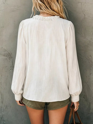 Light Blue Frill V-neck Long Sleeve Blouse