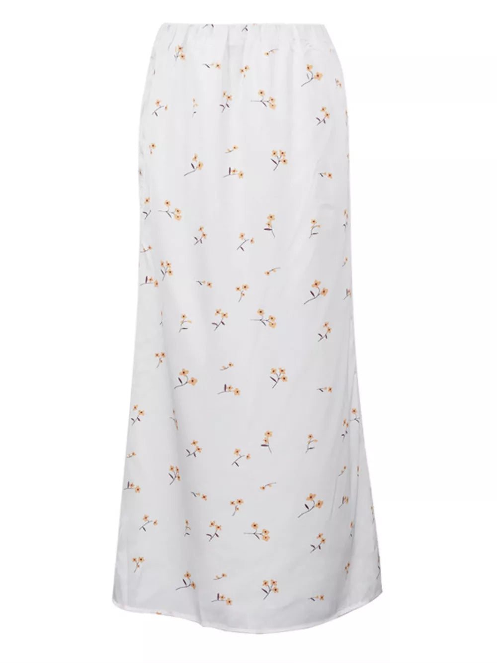 White maxi skirt with a delicate yellow floral print and elastic waist