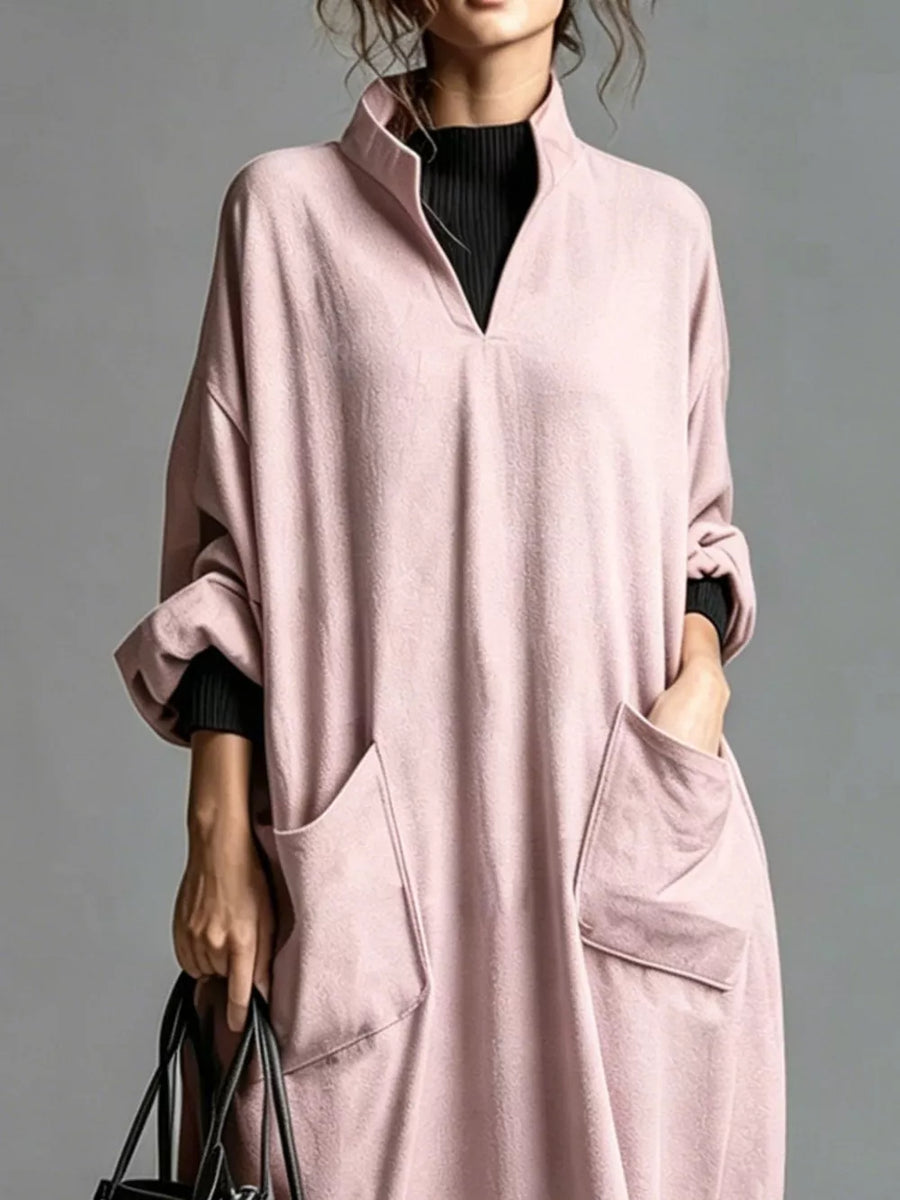 Loose-fit Mock Neck Midi Dress With Pockets in Black