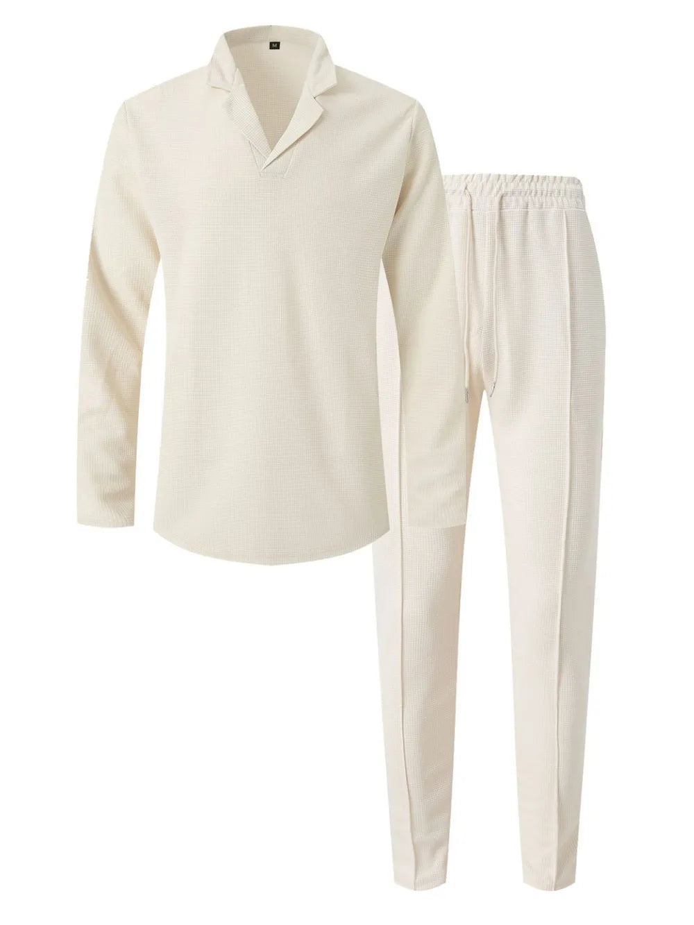 Beige textured collar lounge set with long sleeves and drawstring pants