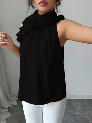Ruffled high neck sleeveless top in Red